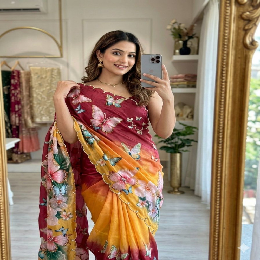 Pure Rasmalai Silk Butterfly Print Saree with Handwork Border, BIUI ...