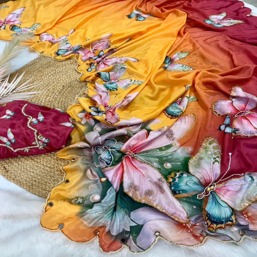 Pure Rasmalai Silk Butterfly Print Saree with Handwork Border, BIUI ...