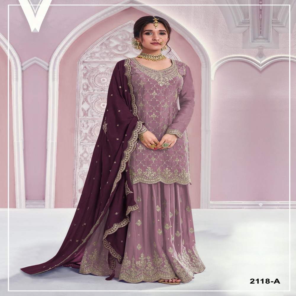 Designer Chinon Embroidered Sharara Suit Set with Dupatta | BIUI Innovation