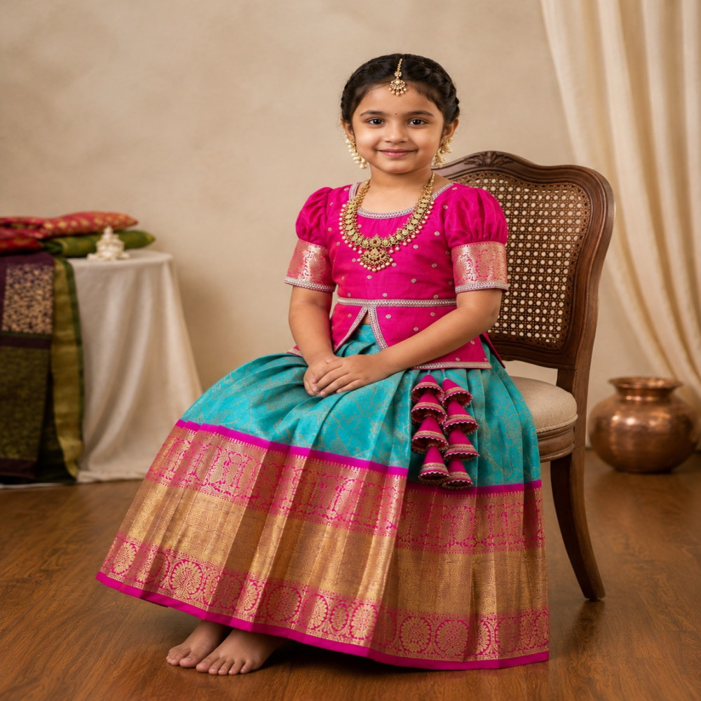 Girls Jacquard Silk Lehenga Choli with Zari Border | BIUI