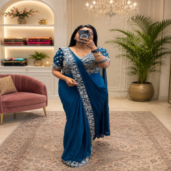 Embroidered Chinon Ready-to-Wear Drape Saree with Stitched Blouse