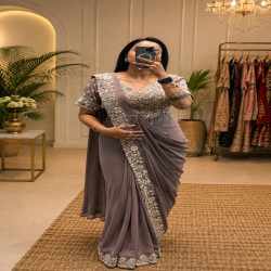 Embroidered Chinon Ready-to-Wear Drape Saree with Stitched Blouse