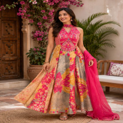 Premium Pure Chinon Handwork Wedding Suit Set with Printed Flared Skirt & Chiffon Dupatta