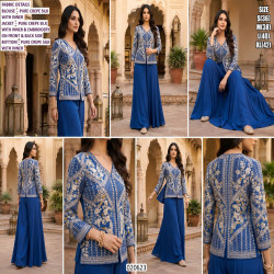 Royal Blue Pure Crepe Silk Embroidered Jacket Palazzo Set