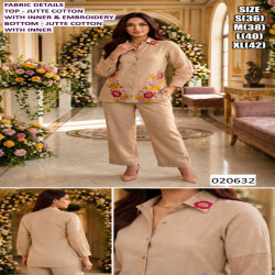 Beige Jute Cotton Floral Embroidered Co-Ord Pant Set