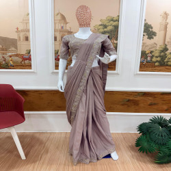 Embroidered Chinon Ready-to-Wear Drape Saree with Stitched Blouse