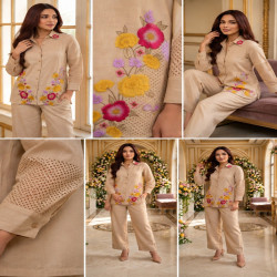 Beige Jute Cotton Floral Embroidered Co-Ord Pant Set