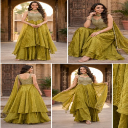 Designer Fendy Silk Mirror Work Layered Palazzo Suit with Dupatta