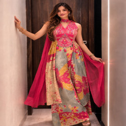 Premium Pure Chinon Handwork Wedding Suit Set with Printed Flared Skirt & Chiffon Dupatta