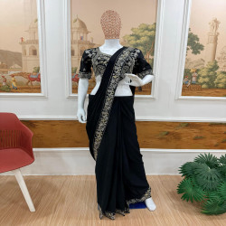 Embroidered Chinon Ready-to-Wear Drape Saree with Stitched Blouse