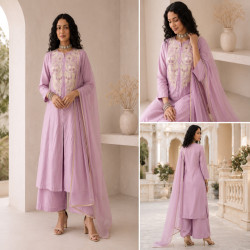 Elegant Roman Silk Embroidered A-Line Kurta Palazzo Set with Organza Dupatta