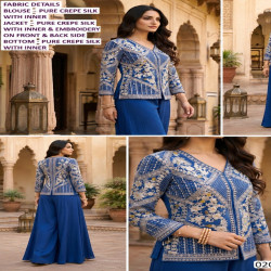 Royal Blue Pure Crepe Silk Embroidered Jacket Palazzo Set