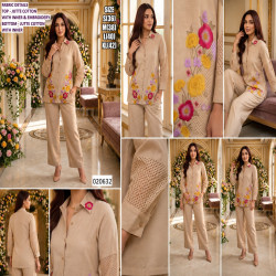 Beige Jute Cotton Floral Embroidered Co-Ord Pant Set