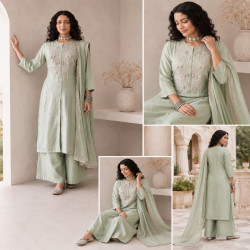 Elegant Roman Silk Embroidered A-Line Kurta Palazzo Set with Organza Dupatta