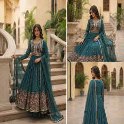 Premium Floral Embroidered Georgette Anarkali Sharara Set with Dupatta