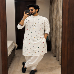 Men’s Navratri Embroidered Flex Cotton Kurta Dhoti Set with Mirror Work