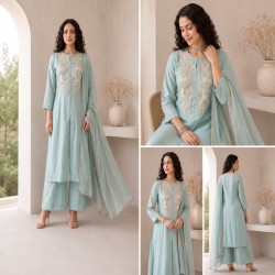 Elegant Roman Silk Embroidered A-Line Kurta Palazzo Set with Organza Dupatta