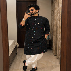 Men’s Navratri Embroidered Flex Cotton Kurta Dhoti Set with Mirror Work