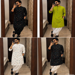 Men’s Navratri Embroidered Flex Cotton Kurta Dhoti Set with Mirror Work