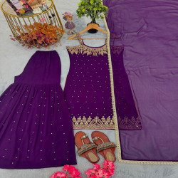 Embroidered Faux Georgette Palazzo 3-Piece Set