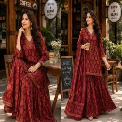 Premium Ajrakh Cotton Kali Sharara 3-Piece Set