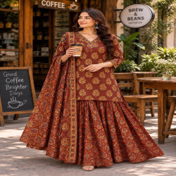 Premium Ajrakh Cotton Kali Sharara 3-Piece Set