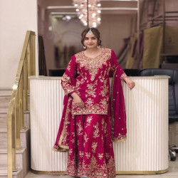 Premium Embroidered Faux Georgette Palazzo 3-Piece Set