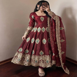 Premium Peacock Embroidered Anarkali Gown 3-Piece Set