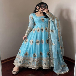 Premium Peacock Embroidered Anarkali Gown 3-Piece Set