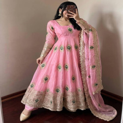 Premium Peacock Embroidered Anarkali Gown 3-Piece Set
