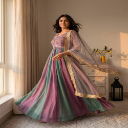 Premium Embroidered NC Moss Silk Anarkali Gown 3-Piece Set