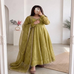 Pearl & Mirror Work Moss Butti Silk Gown Set with Dupatta & Pant