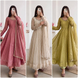 Pearl & Mirror Work Moss Butti Silk Gown Set with Dupatta & Pant