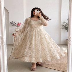Pearl & Mirror Work Moss Butti Silk Gown Set with Dupatta & Pant