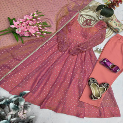 Pearl & Mirror Work Moss Butti Silk Gown Set with Dupatta & Pant