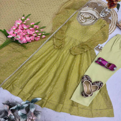 Pearl & Mirror Work Moss Butti Silk Gown Set with Dupatta & Pant