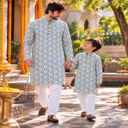 Father Son Twinning Cotton Printed Kurta Pyjama Set