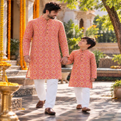Father Son Twinning Cotton Printed Kurta Pyjama Set