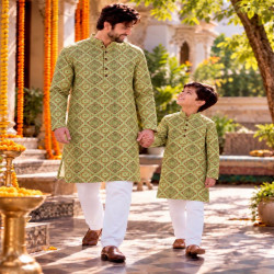 Father Son Twinning Cotton Printed Kurta Pyjama Set